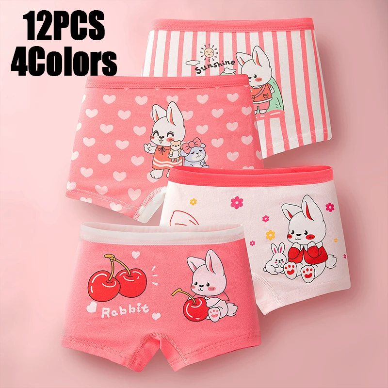 12 Pieces Design Childrens Girls Panties Cotton Soft Pretty Cartoon Rabbit Princess Child Underwear for Little Girls Kids Boxer