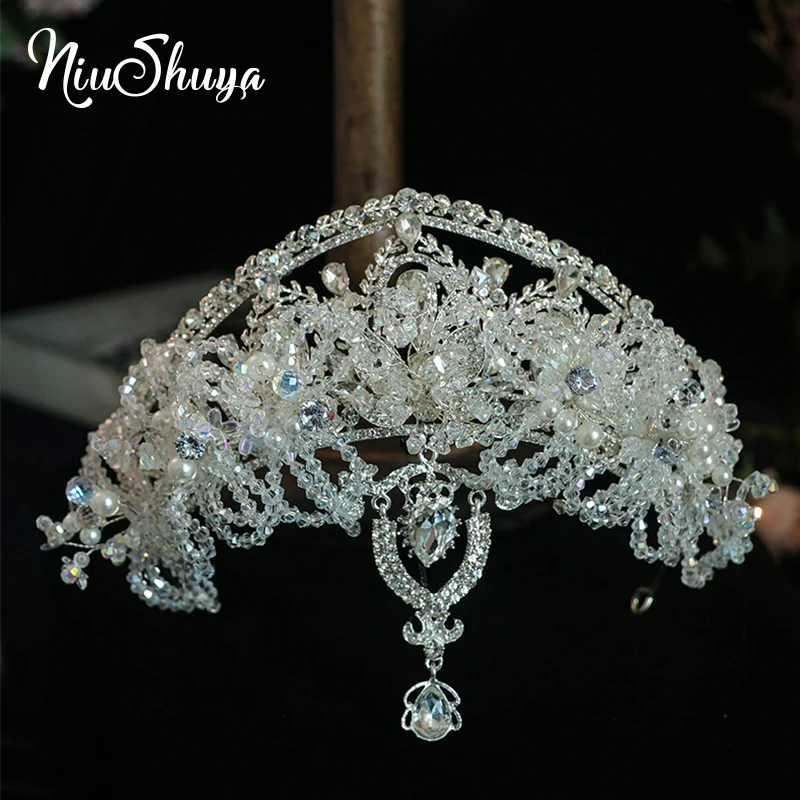 

NiuShuya Handmade Full Crystal Frontlet Princess Wedding Hair Crown Tiaras Bridal Headpiece Jewelries