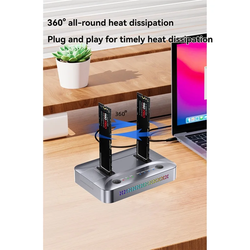 L53A-듀얼 베이 M.2 RGB NVME NGFF SSD 도킹 스테이션, USB3.2 GEN2 타입 C 20Gbps 데이터 전송, 오프라인 클로너 지원