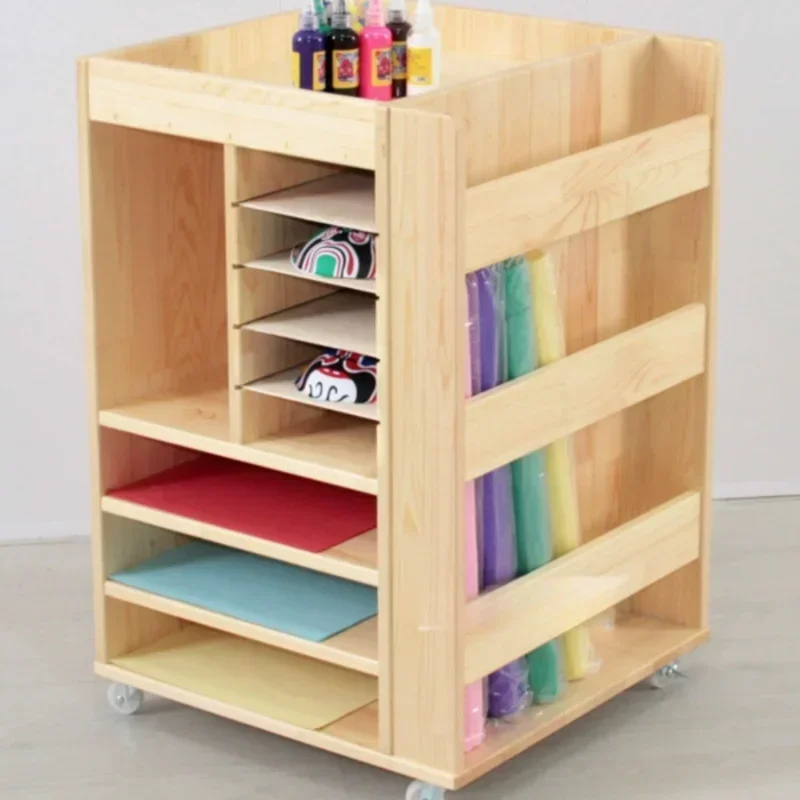 

Kindergarten mobile art painting materials storage rack early education solid wood drawing paper art cabinet