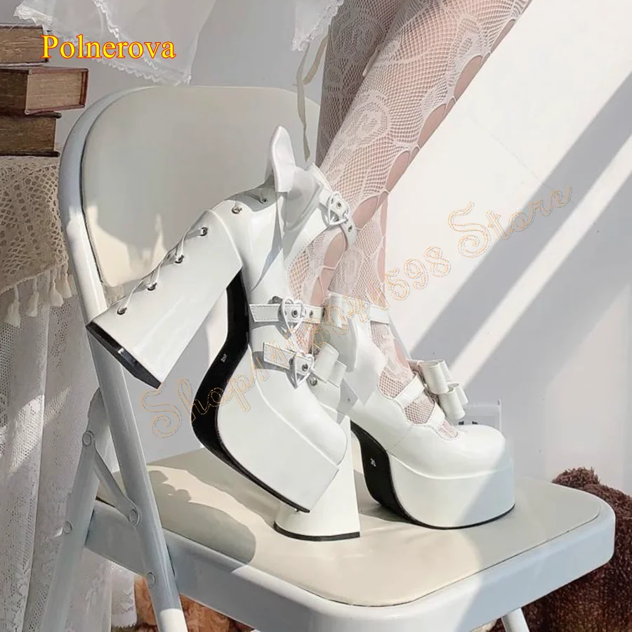 Cute Bow Leather High heel Shoes,Thick Sole Round Toe Pumps Thick Heel Strap Women Shoes Plus Size 2024 New Zapatos Para Mujere