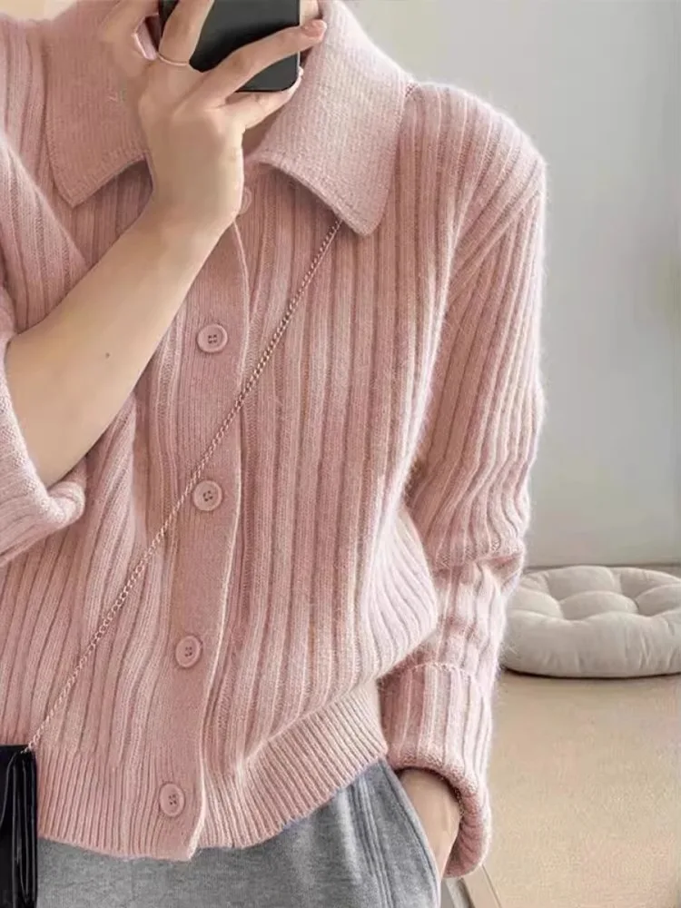 Pink Polo Collar Sweater Cardigan Outerwear Women Small Autumn and Winter High-Grade Soft Glutinous Loose Lapel Knitted Top