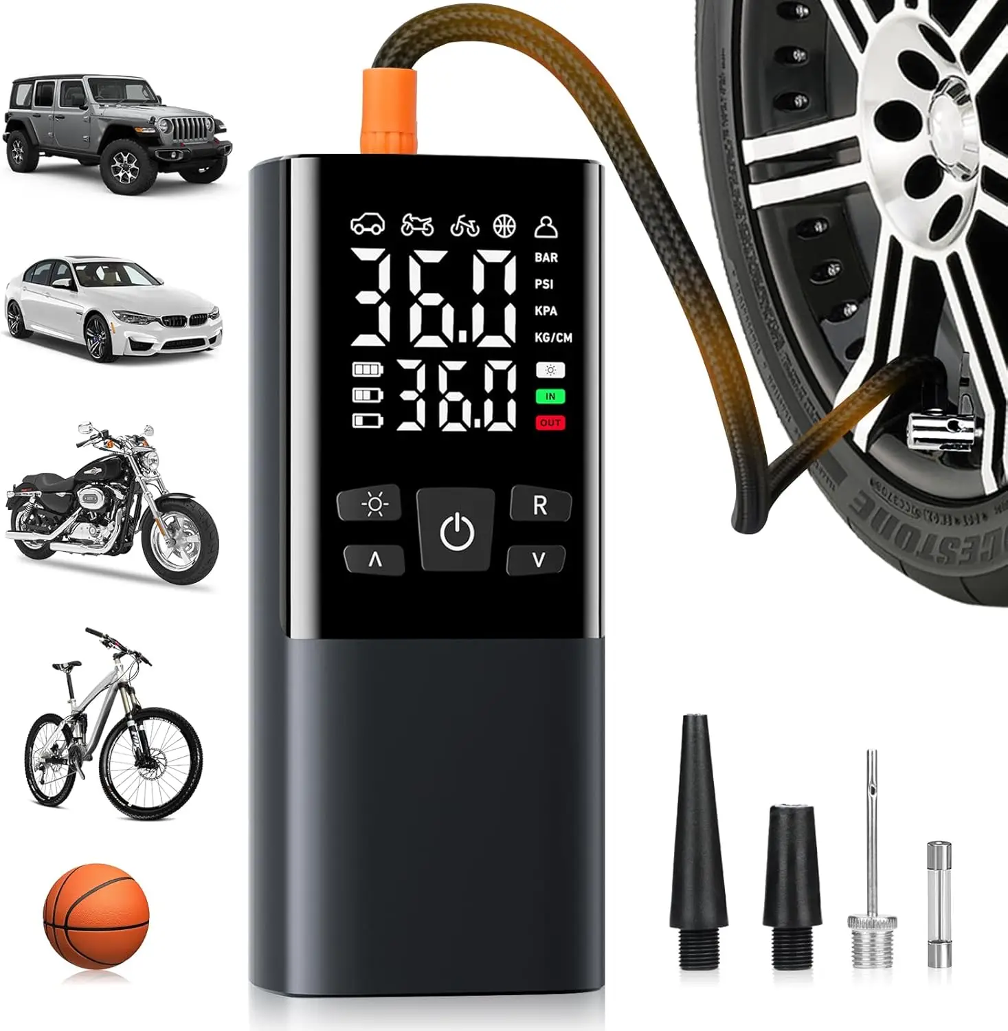 

Portable Tire Inflator 150PSI Air Compressor, 4X Faster Electric Pump with Digital Gauge & LED Light for Cars, Bikes, Motorcycle