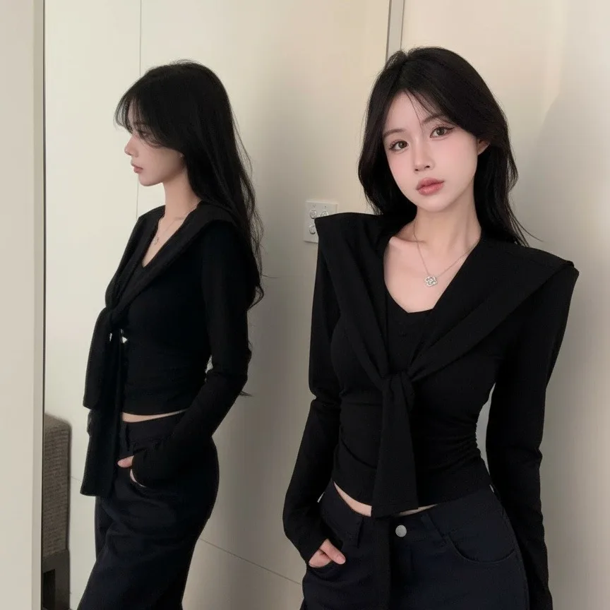 Otoño Invierno nuevo Sle mujer largo Sve v-ne Slim Fit Top cintura ceñida ancho corregido Camere Wrap suéter