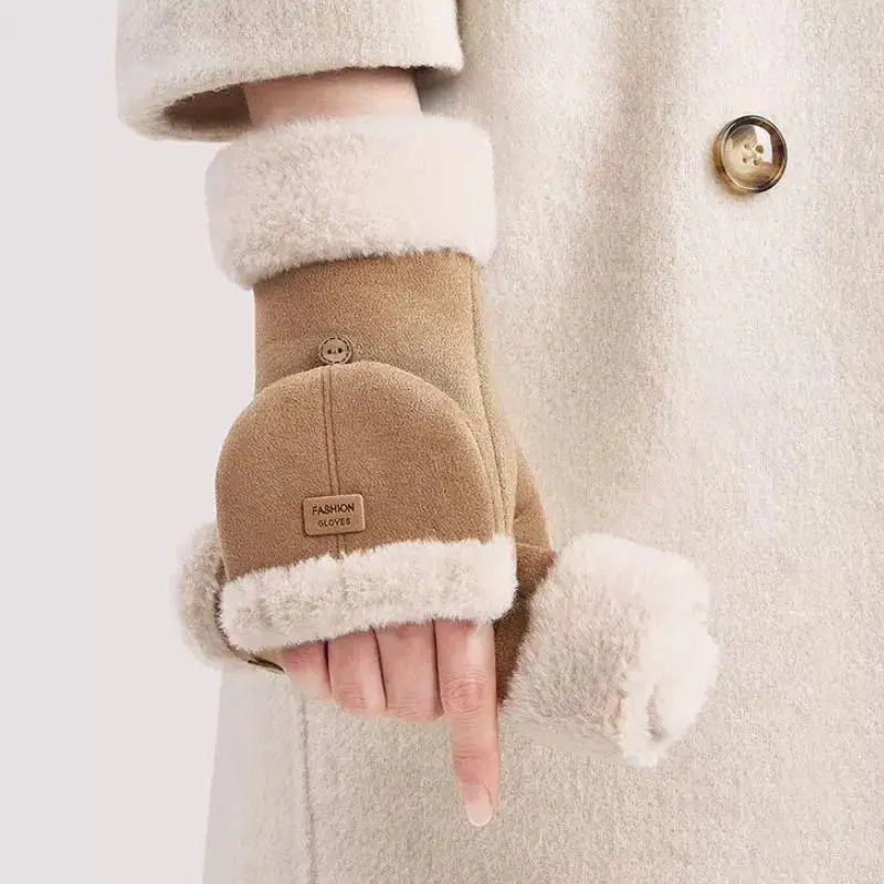 أزياء المرأة الجلد المدبوغ قفازات الوجه غطاء دافئ المخملية القفاز شاشة تعمل باللمس نصف اصبع القفازات الحرارية في الهواء الطلق الكتابة قفازات ركوب الدراجات #6