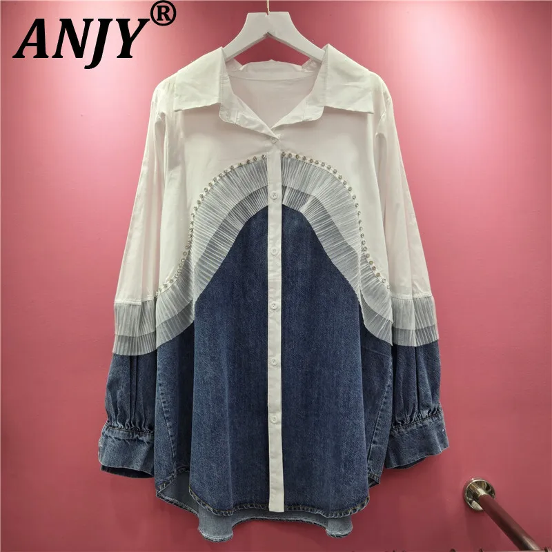 

ANJY, осенняя новая женская джинсовая лоскутная рубашка с тяжелыми украшениями и бриллиантами, элегантная свежая утягивающая шикарная модная повседневная рубашка A13788