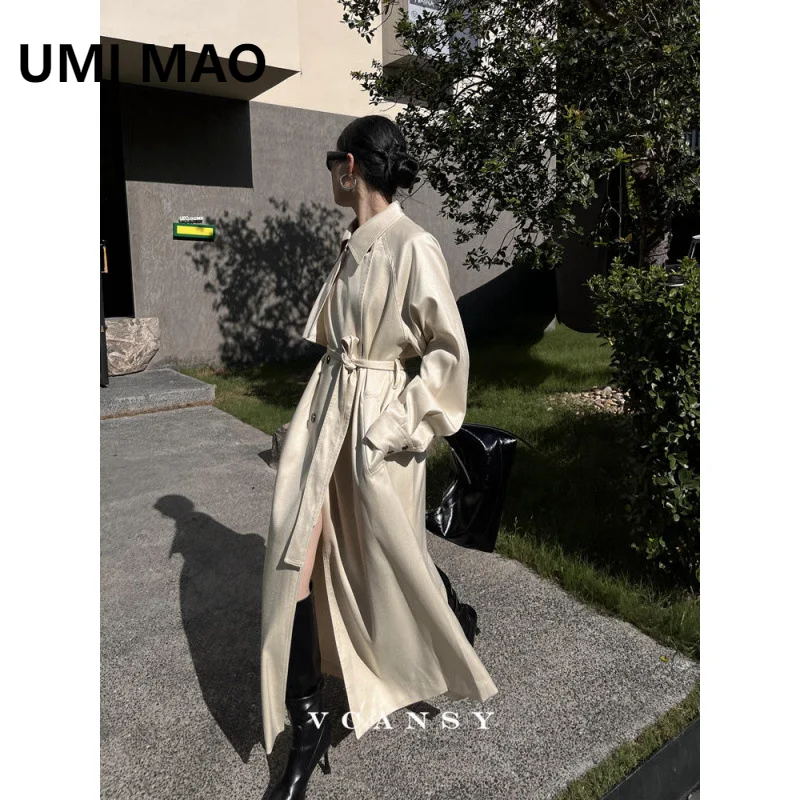 UMI MAO Spring Autumn Long Coat American Loose Bright Face Knee Over Specialty Windbreaker Women's High End Retro Trench Coat