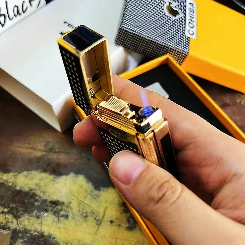 COHIBA Lighter Windproof Metal Grinding Wheel Firestone Jet with Cigar Stamping Portable Lighter Cigar Accessories Gift Box