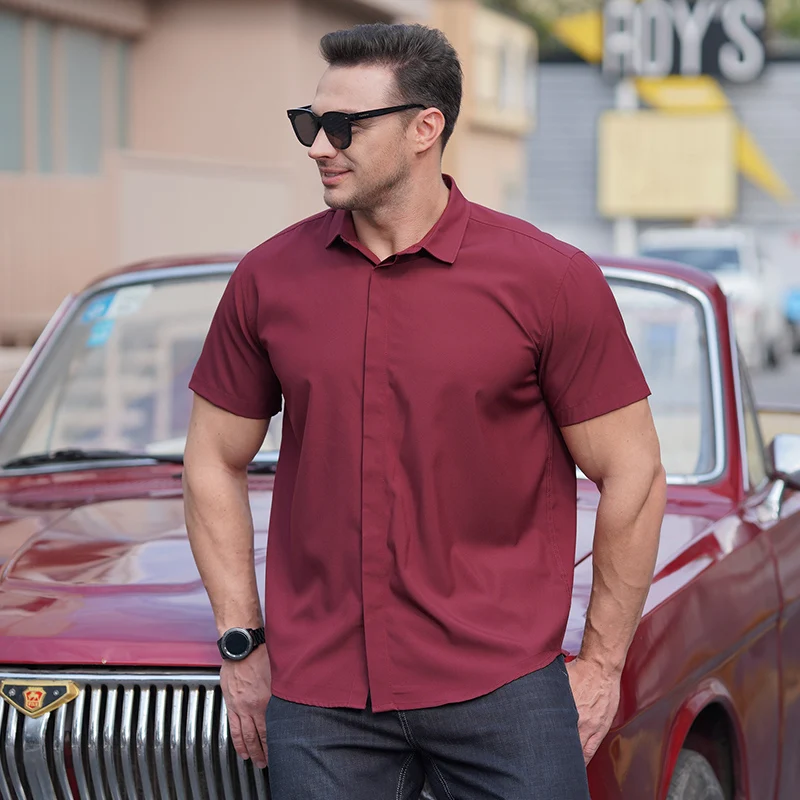 L-10XL Summer Solid Color Short sleeved Shirt for Men\'s Business Casual Ice Silk Quick Drying Casual Loose Extra Large Shirt