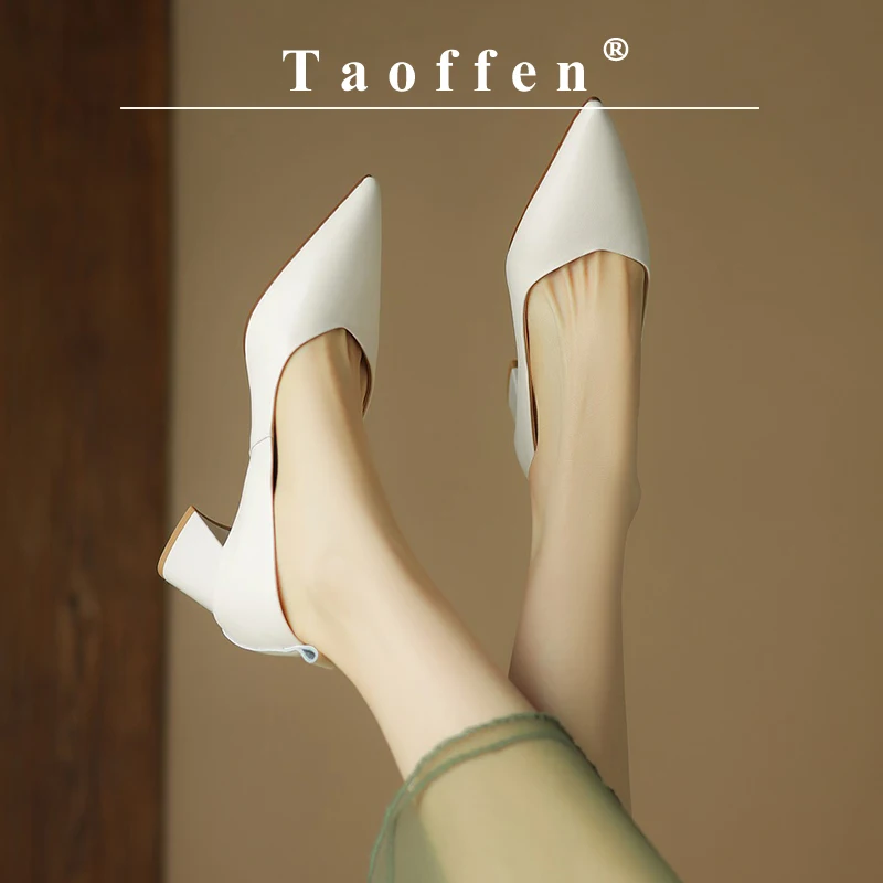 Taoffen Casual Women\'s Pumps Genuine Leather Spring/Autumn Pointed Toe Pumps Comfortable Thick Heel Slip On  Office Lady Shoes