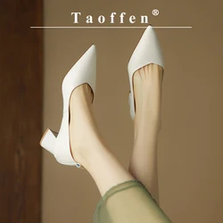 Taoffen Casual Women's Pumps Genuine Leather Spring/Autumn Pointed Toe Pumps Comfortable Thick Heel Slip On  Office Lady Shoes