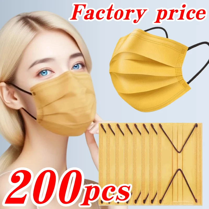

200Pcs Thickened Earthy Yellow 4-Layer Disposable Face Masks - 200/100/50/10 Pieces with Elastic Loop and Adjustable Nose Clip, Suitable for Parties, Travel, Outdoor Activities, Casual Wearers, Fashion Enthusiasts, Ide