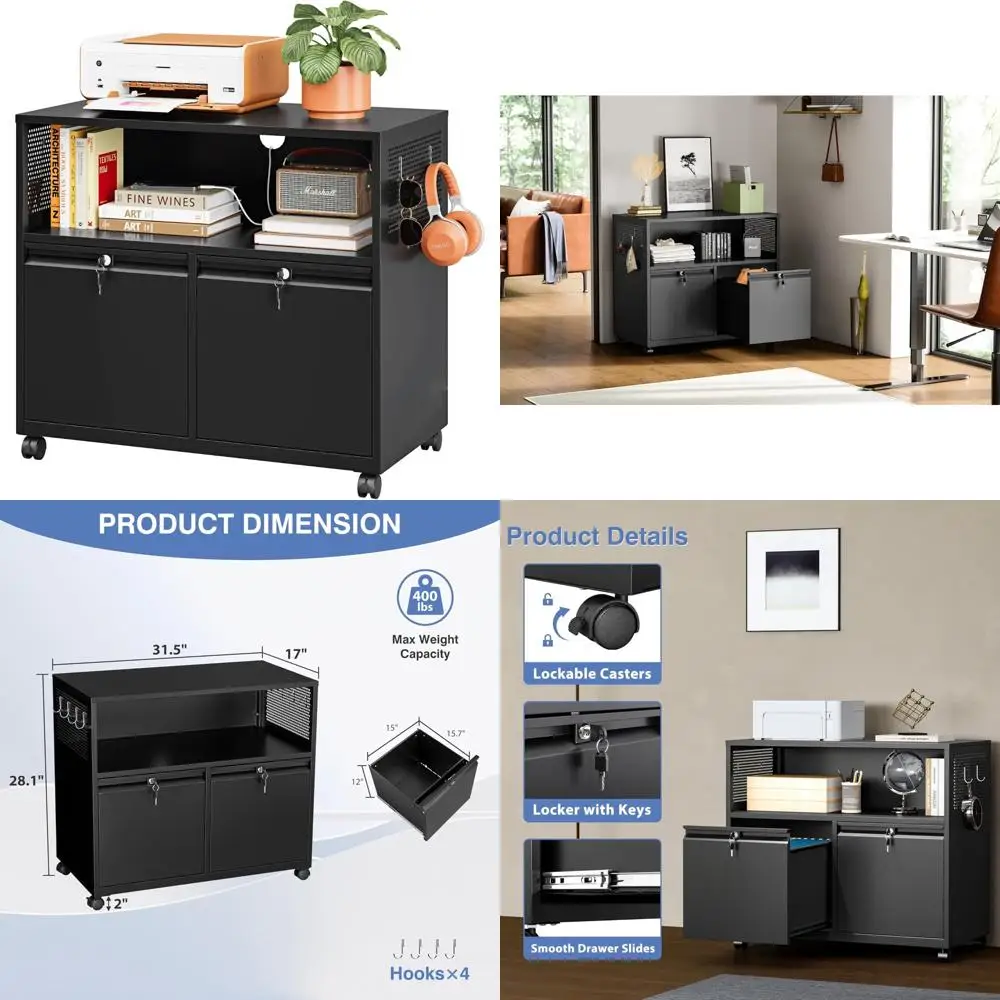 خزانة ملفات معدنية ذات درجين مع قفل، وخزانة تخزين بحامل الطابعة الدوارة مع أرفف للمكتب المنزلي، وحجم الحروف