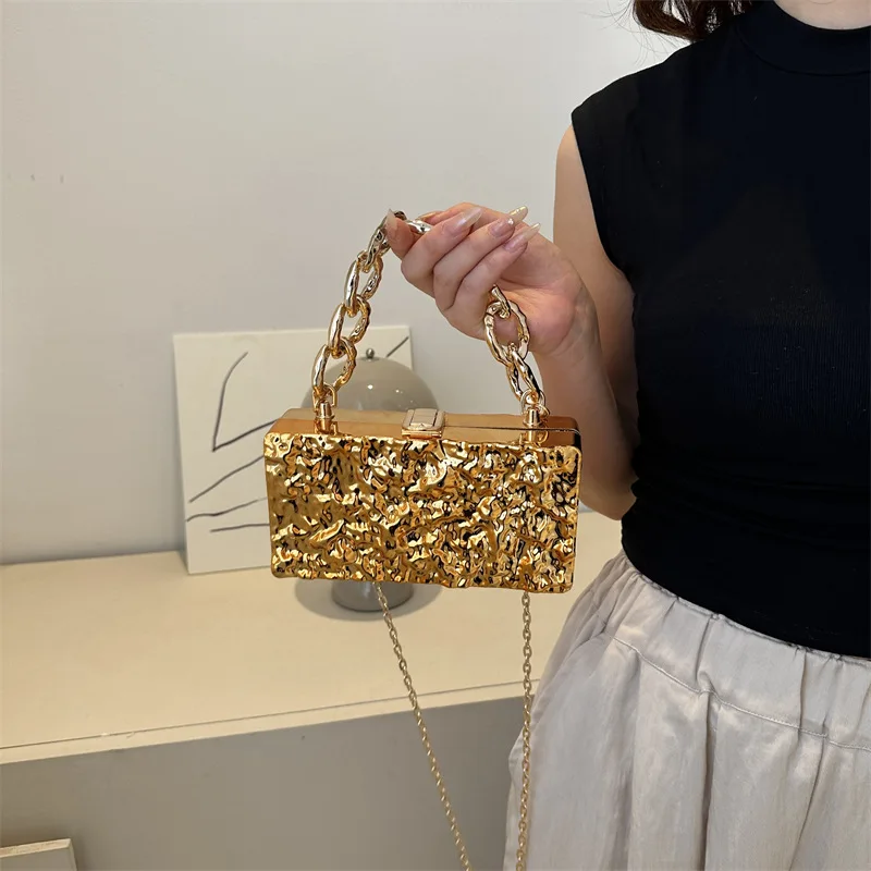 Luxury Gold Women Party Evening Bag For Women Metal Handle Clutch Bag Handbag Purse Chain Shoulder Crossbody Bag Mini Box Bag