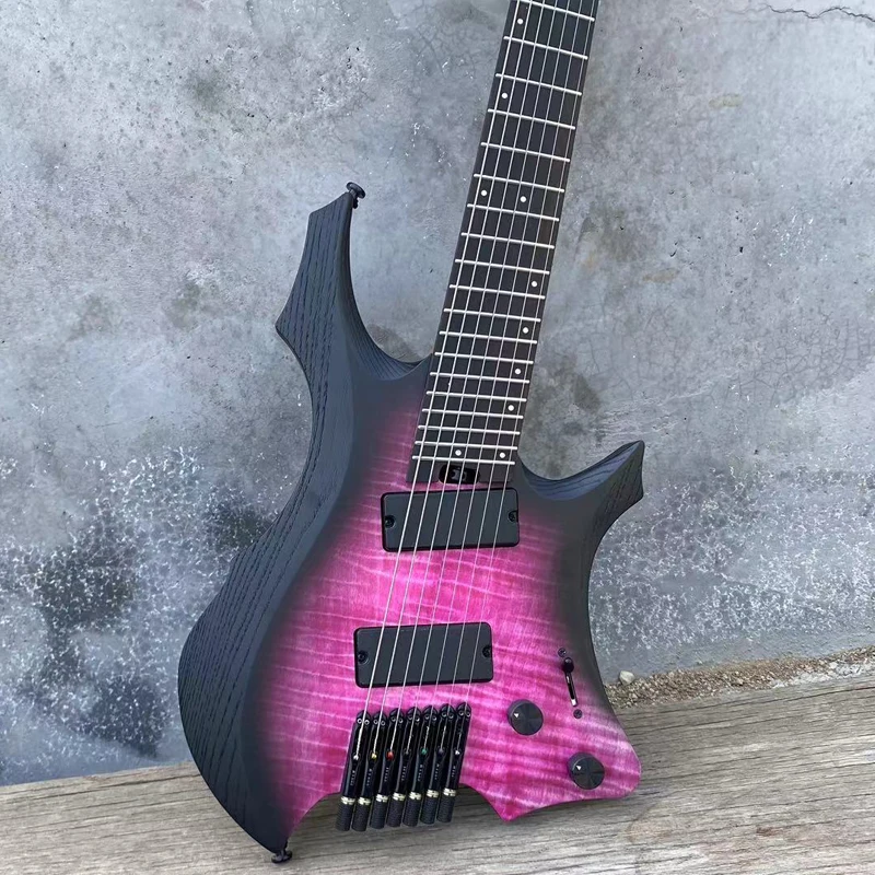 7 String Purple Flame Maple Top Headless Electric Guitar Ebony Fretboard 9 Piece  Neck Fanned Frets Active Pickup Ash Body