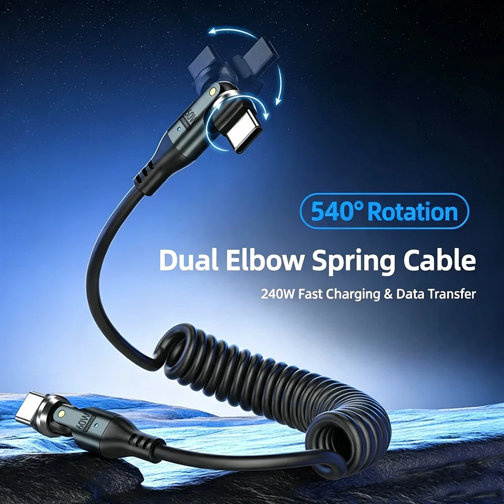 HANNUO 540° USB C to Type C Cable 240W Fast Charging Spring Cable for iPhone17 Samsung Coiled Phone Car Charger Type-C Cable