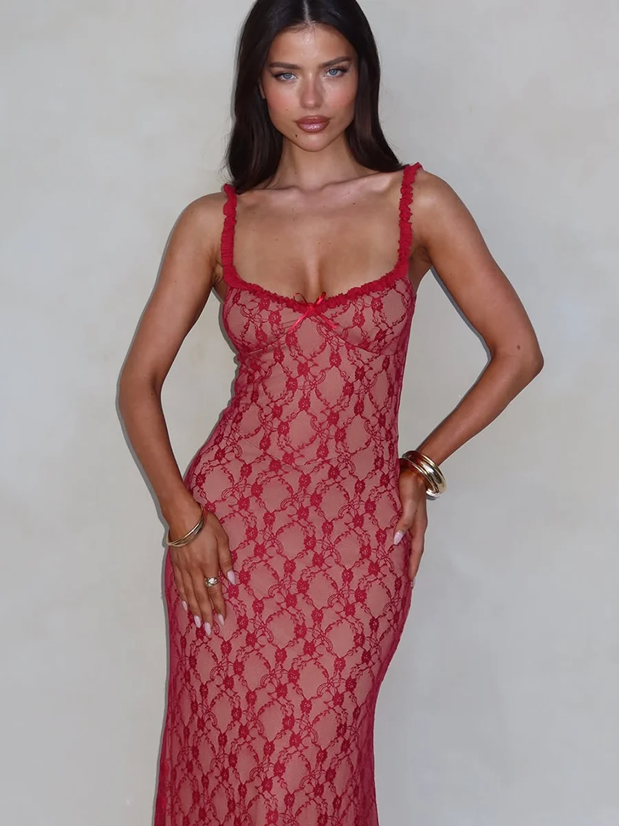 REDDACHiC Robe Camisole en Dentelle Florale pour Femme Été Chaud Extensible Bowknot Col en V Ourlet à Volants Robe Longue Midi Beach Night Clubwear