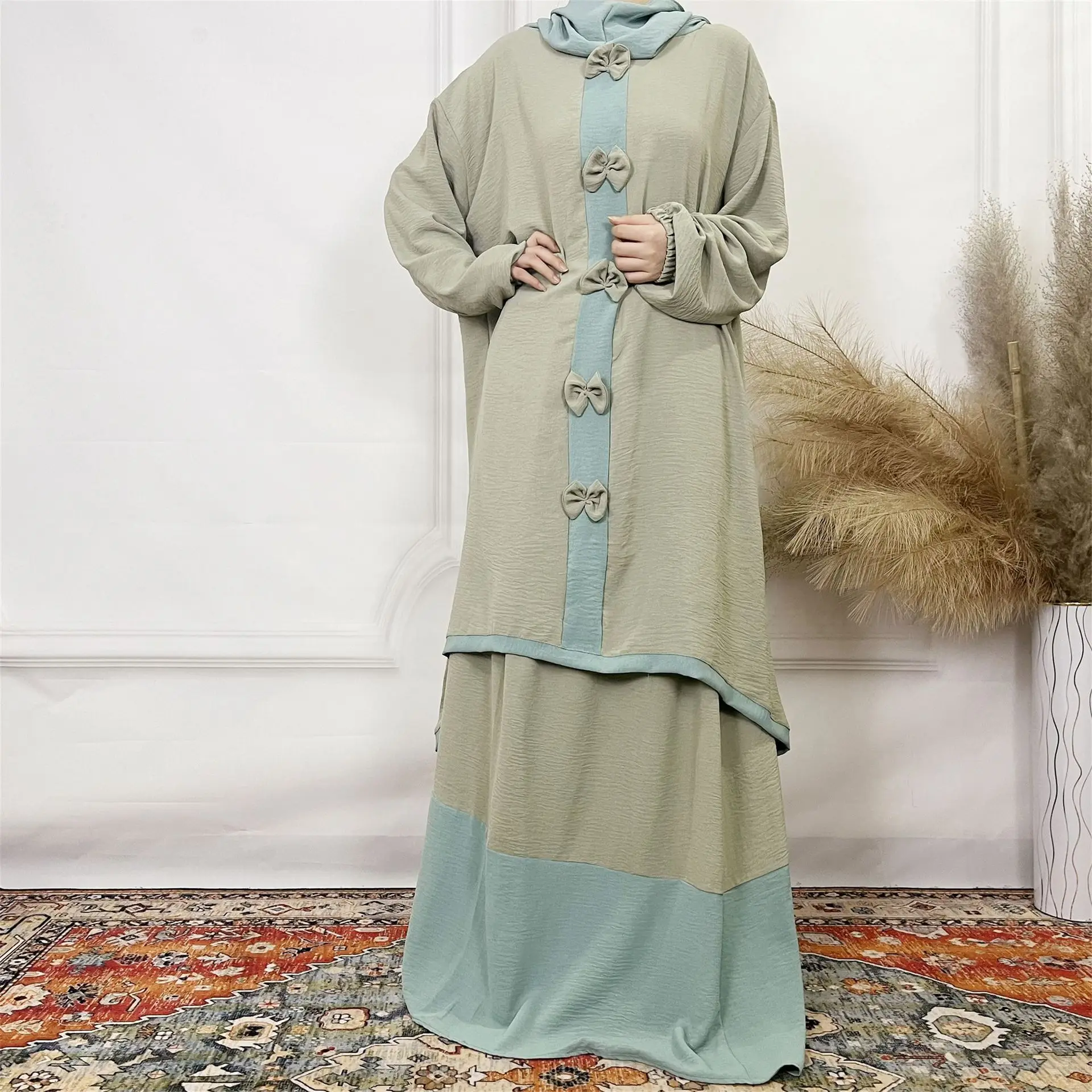 2024 Muslim Set Women Clothing Dubai Abayas Ramadan 2 Piece Set Eid Hooded Bow Long Sleeve Top Skirt Outfits Robe Kaftan Dresses