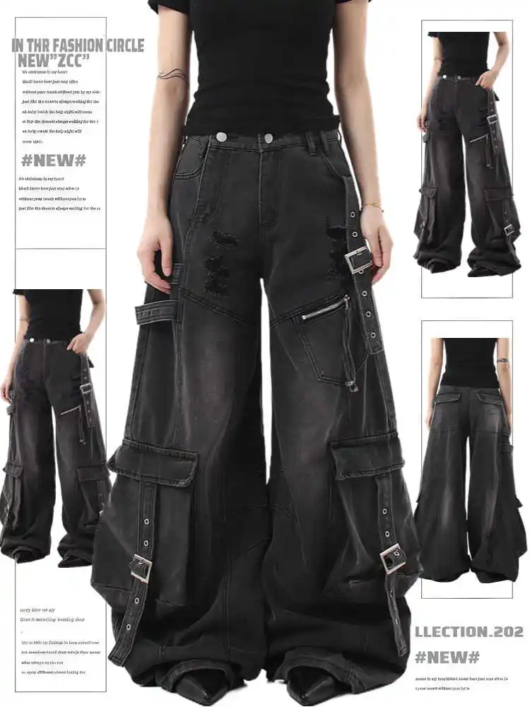 Women's Black Gothic Y2k Cargo Jeans Harajuku Japanese 2000s Style Oversize Emo Denim Trousers Vintage Baggy Jean Pants Clothes