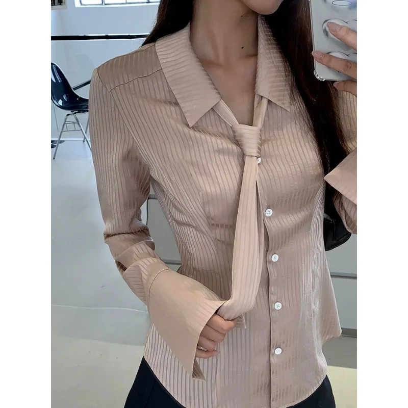 Elegant Striped Pink Shirt Korean Style Gyaru Long Sleeve Woman Blouse Tunic Luxury Youthful Office Slim Clothes Autumn