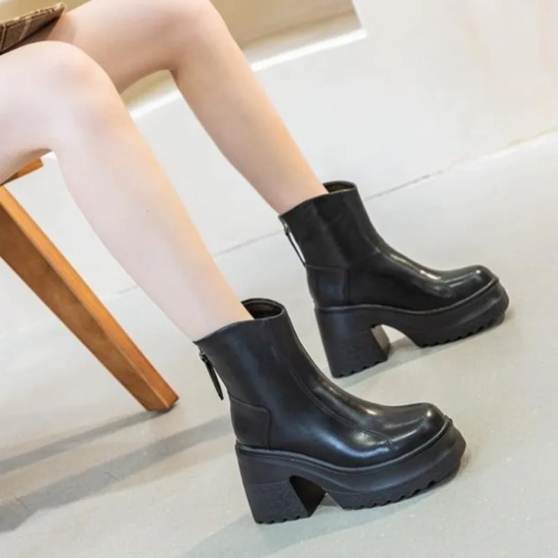 Botas de tacón alto para mujer, botines de piel auténtica con plataforma de 10cm, estilo británico, color negro, 2024