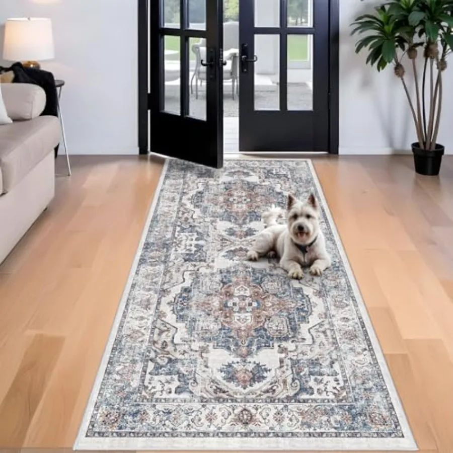 

Washable 4x8 Hallway Area Rug: Vintage 8ft Water Resistant Soft Runner Rug for Entry Kitchen Non Slip Wide Low Pile Carpet for