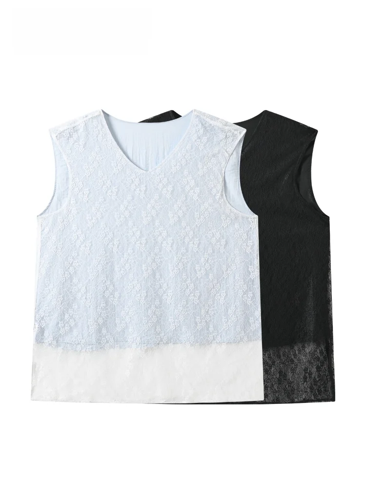 

plus Size Sleeveless Lace Patchwork V-Neck Vest Women's Summer Fashion Top Large Size Inner Wear Casual Loose Fit Polyester