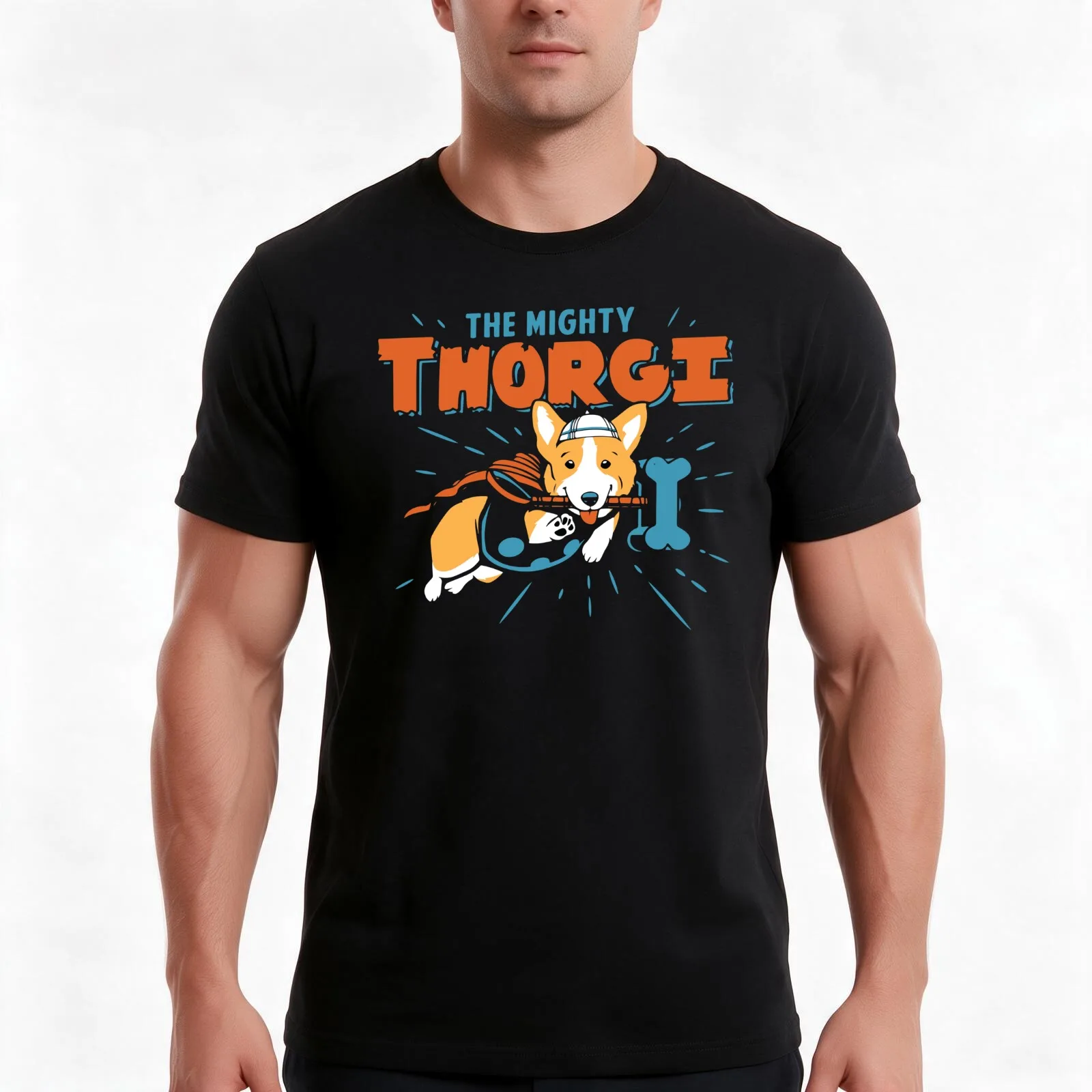 The Mighty Thorgi Funny Corgi T-Shirt, Summer Casual Cotton Tee, Oversized Streetwear Tops, Vintage Graphic Print, 100% Cotton