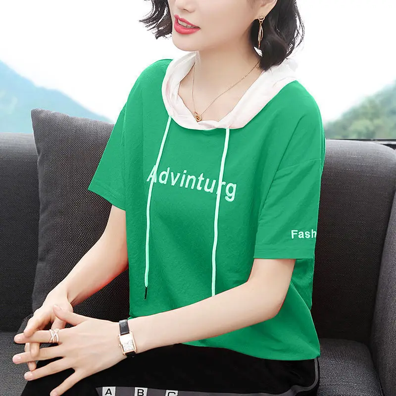 2024 New 100% Cotton O Neck Hoodie T Shirt Woman Summer Short Sleeve Plus Size Shirt Women T-shirt Loose Embroidery Women Shirts