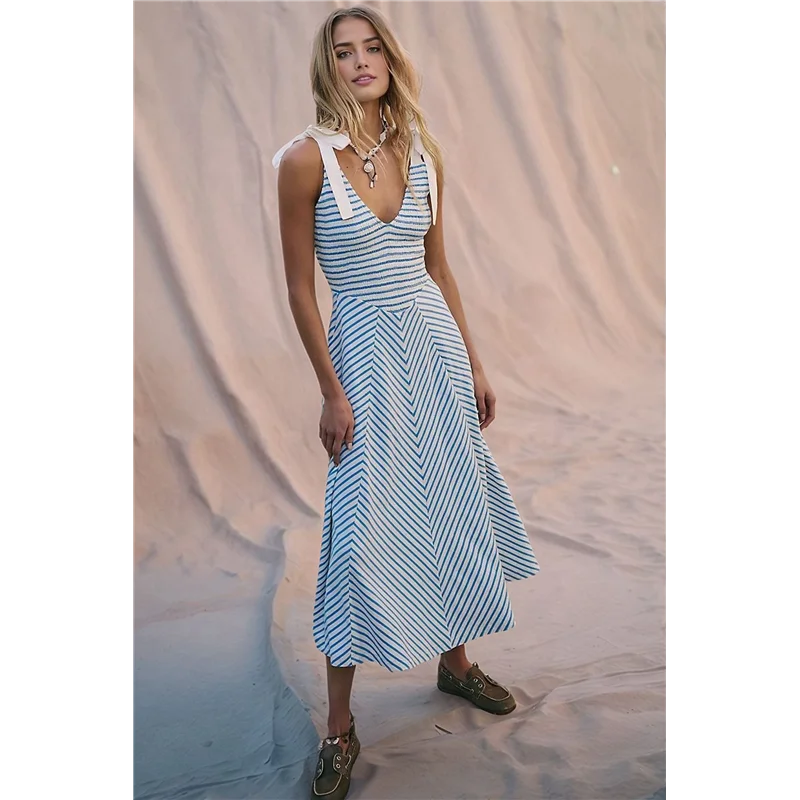 CGS-Abito estivo casual da donna con scollo a V a righe da spiaggia senza maniche, abito lungo fluido con tasche