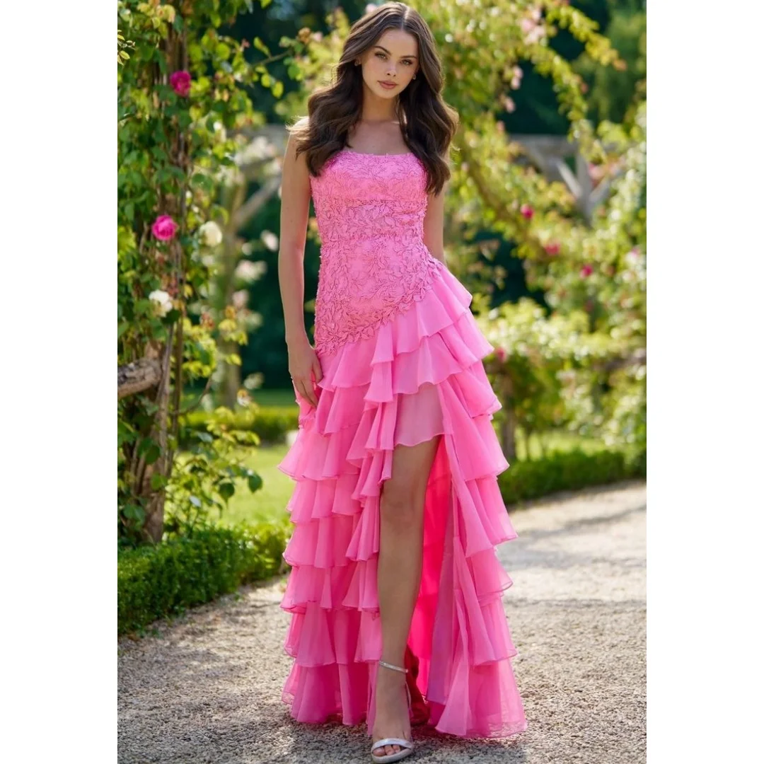 

High Slit Ruffle Evening Dresses Woman Spaghetti Straps vestidos de noche Lace Prom Dress Graduation Party Gowns Customized