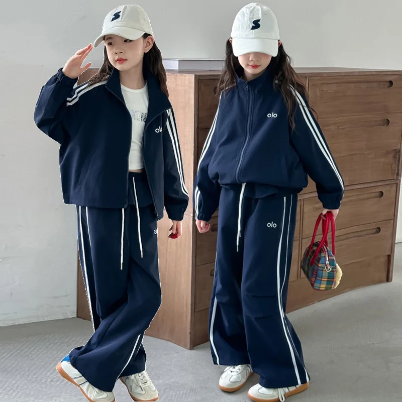 

Осенний комплект из двух предметов для школьниц, пальто с отложным воротником + штаны с эластичной резинкой на талии, комплекты для маленьких девочек, комплект с длинными рукавами для маленьких девочек