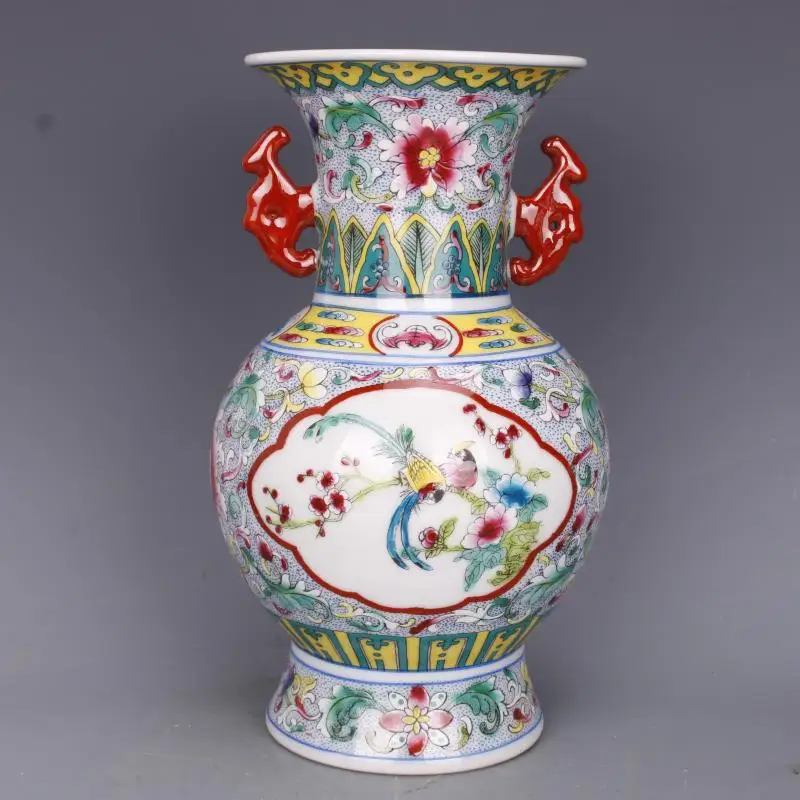 

Bird Flowers Ceramic Vase with Handle Pedestal Chinese Famille Vase Amphora Oriental Vase for Flowers Decoration Unique Vases