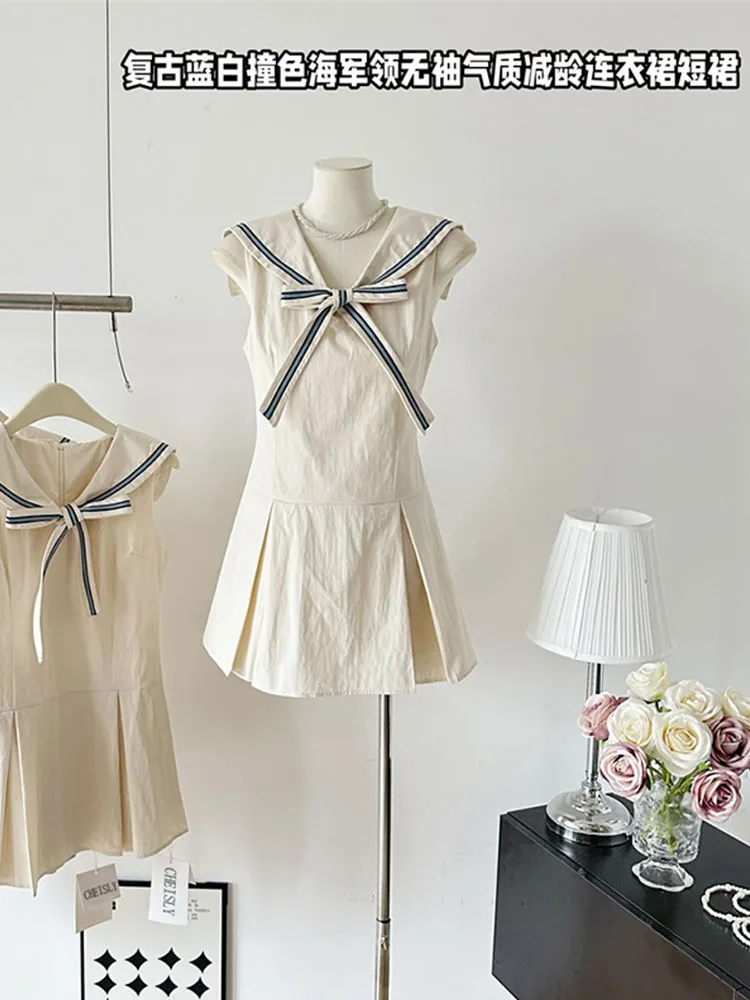 

Fashion Sailor Collar Sleeveless A-line Dress Women Sweet Cute Bow Mini Dress Summer 2024 Retro One-Piece Frocks Preppy Style