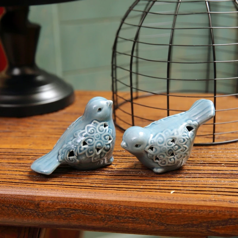 European Ceramics Birds Statues Set Of 2 Pieces Small Blue Green Colors For Home Garden Tabletop Decoration Gifts Cute Figurines