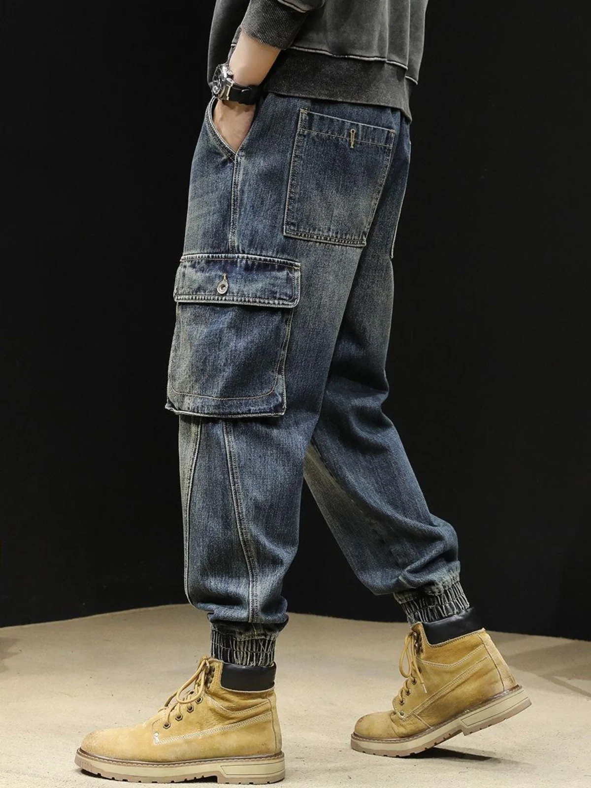 New 2025 Trendy Brand Men's Loose Fit Cargo Jeans Multiple Pockets Cuffed Denim Pants Workwear Casual Long Trousers