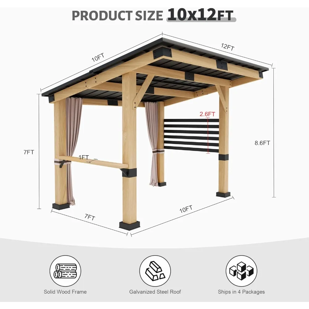 Wooden pavilion 10 'x 12', hardtop cedar pavilion with metal roof, outdoor wooden pavilion with curtains, suitable for backyard