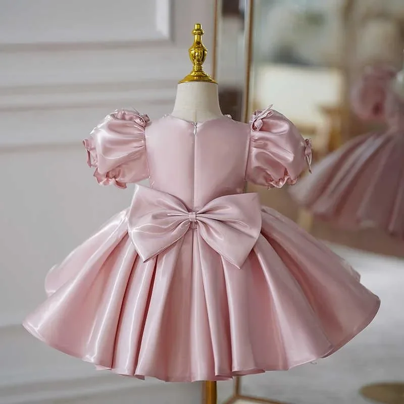 Custom Luxury Dress Wedding Guest Gown Puff Sleeve Bow Decor Satin Flared Kids Gown For Luxury Birthday Party Pageant Runway