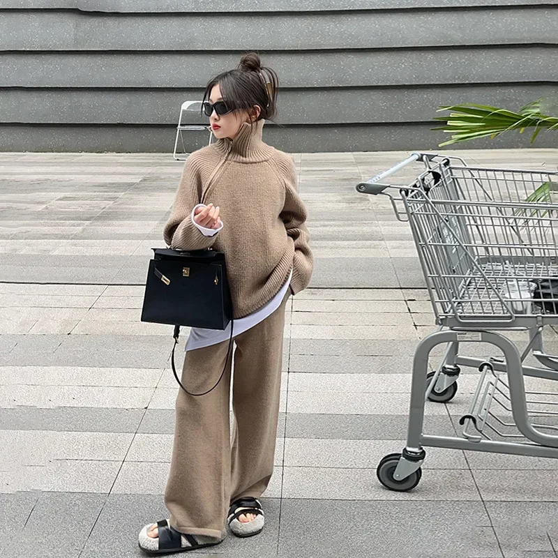 

Girl Suit 2023 New Autumn Winter Korean Fashion Style Thick Turtleneck Sweater Casual Wide Leg Pants Two Piece Set Kid Clothes