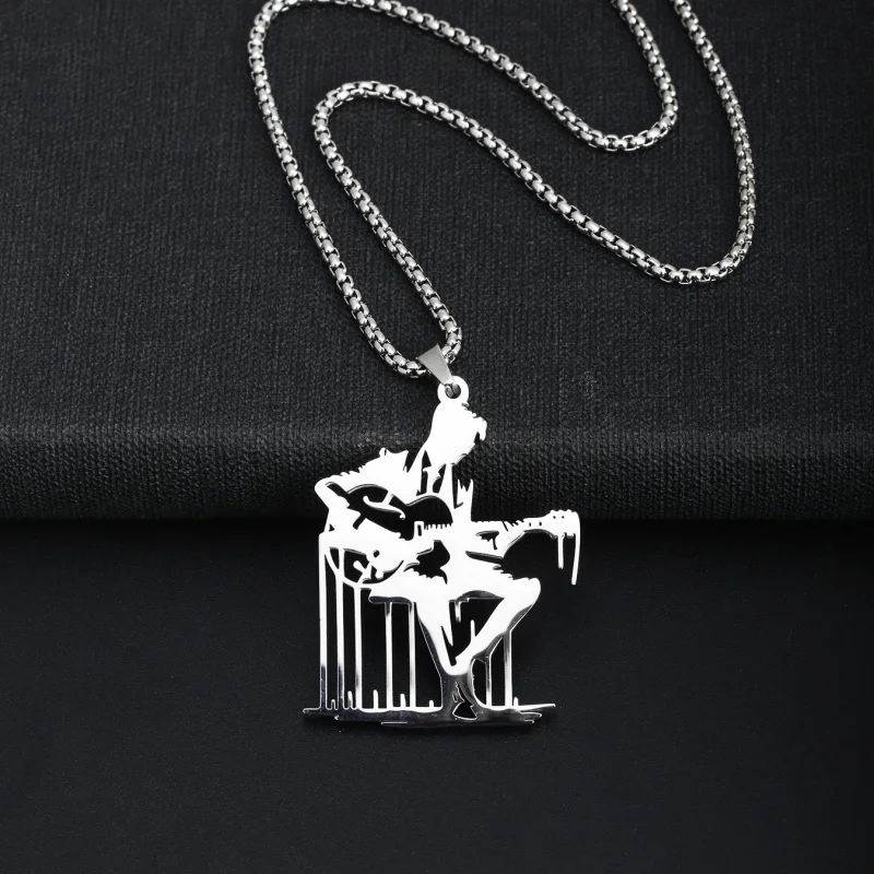 Stainless steel hip-hop herder guitar pendant necklace with notes and heartbeat design - jewelry for musicians and music lovers,