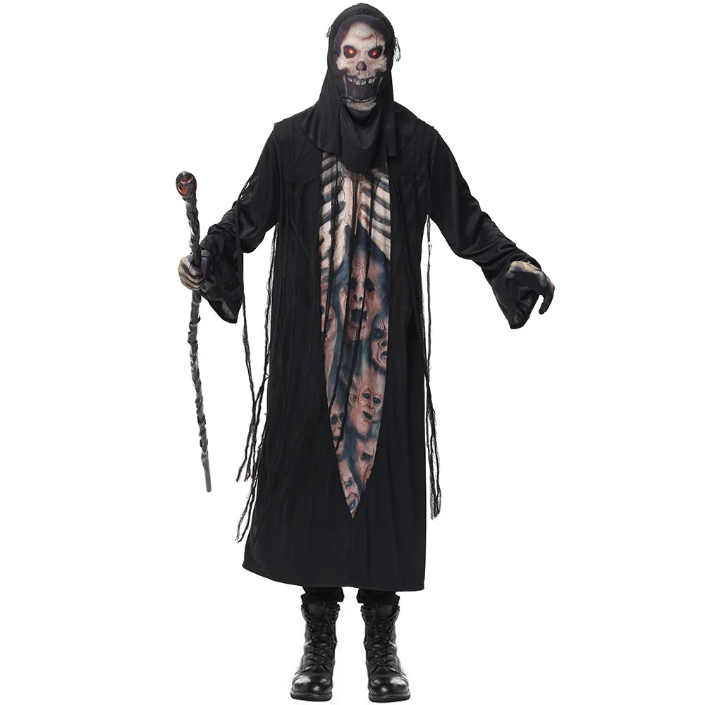 Men Necromancer Cosplay Adult Halloween Azrael Evil Skeleton Robe Costumes Carnival Purim Parade Nightclub Role Play Party Dress