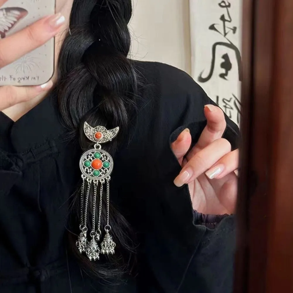 

Ancient Crescent Shape Tassel Hairpin Silver Metal Ethnic Style Hair Stick Chinese Style Hair Accessories Hanfu Hair Fork