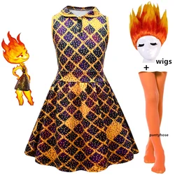 Halloween Elemental Costume Girls Ember Fire Cosplay Princess Dress wig Cartoon Crazy City Game Clothing for Kids Birthday Gifts