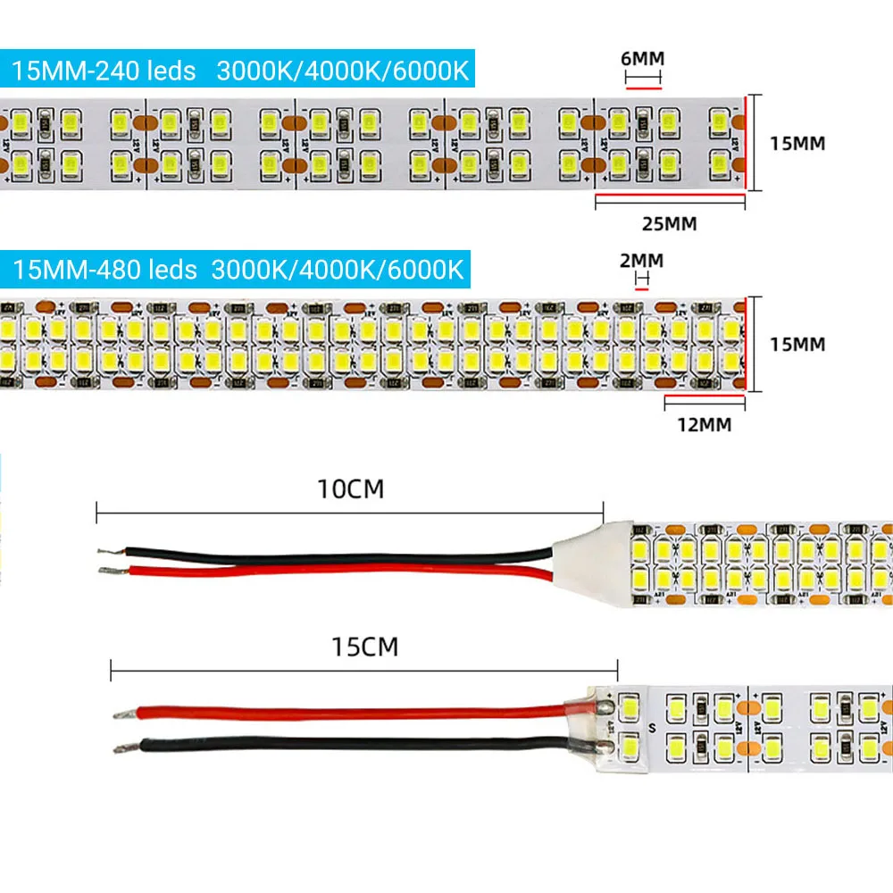 5 متر صف مزدوج Led قطاع مصلحة الارصاد الجوية 2835 شريط ليد ضوء 12 فولت 24 فولت 240 المصابيح 480 المصابيح الدافئة الأبيض 4000 كيلو حبل مرن شريط 2400 المصابيح