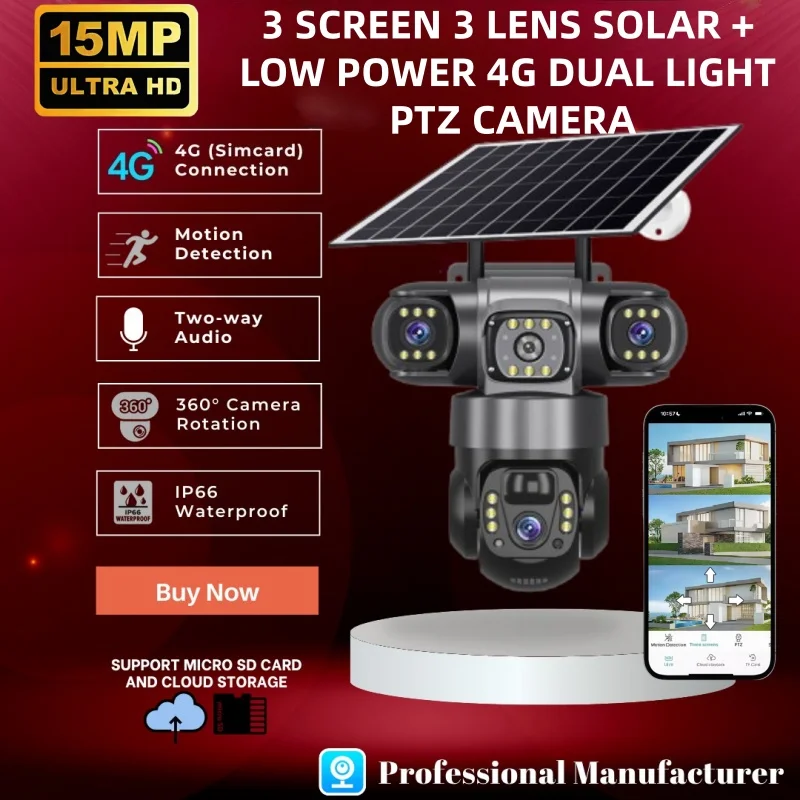 

V380PRO Outdoor Security Camera 15MP Triple Lens 10X Zoom 4G SIM 8K Video Solar Powered CCTV with Auto Tracking Human Detection