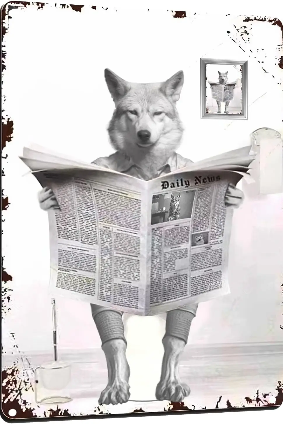 Metal Tin Sign Vintage Wolf Toilet Reading Newspaper Humour Funny Animal Whimsy for Home, Bathroom and Wall Decor