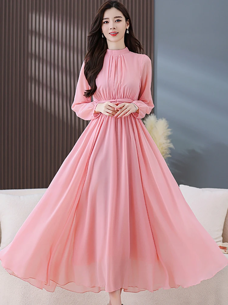 Women Boho Pink Chiffon Long Sleeve Maxi Dress Spring Summer Elegant New Features of Dress 2024 Krean Chic One-piece Dress Gown