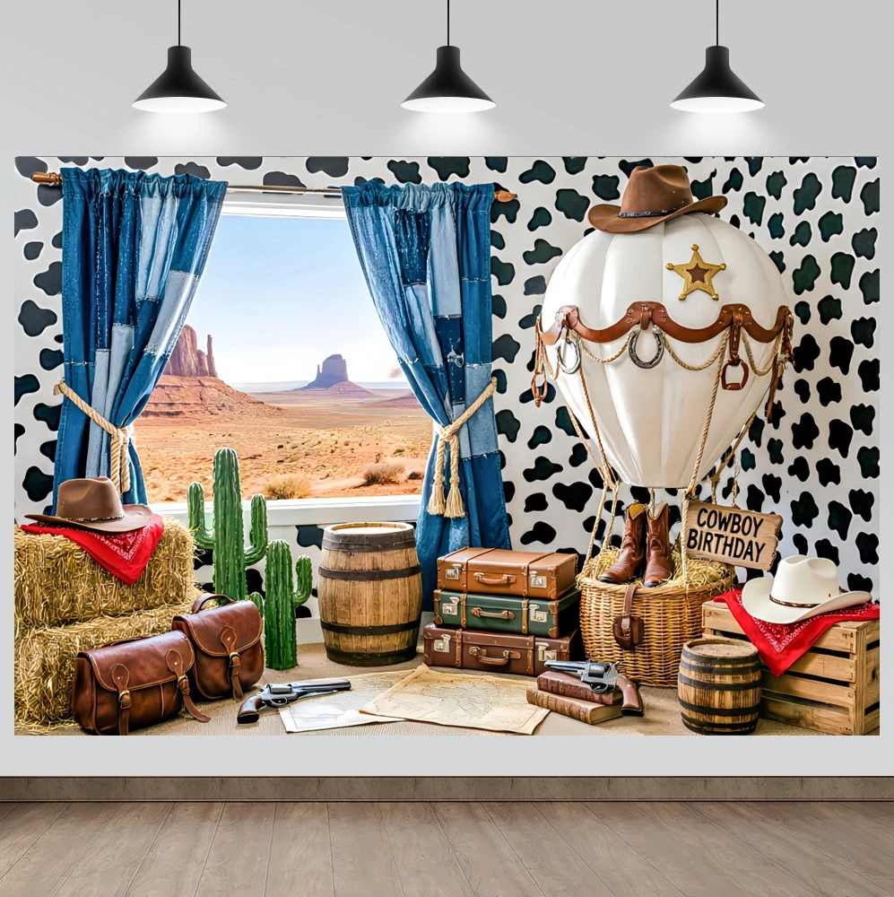 Cowboy Hot Air Balloon Backdrop Desert Mesa Cow Print Curtain Cactus Hay Bale Banner Kids Birthday Photography Background Props