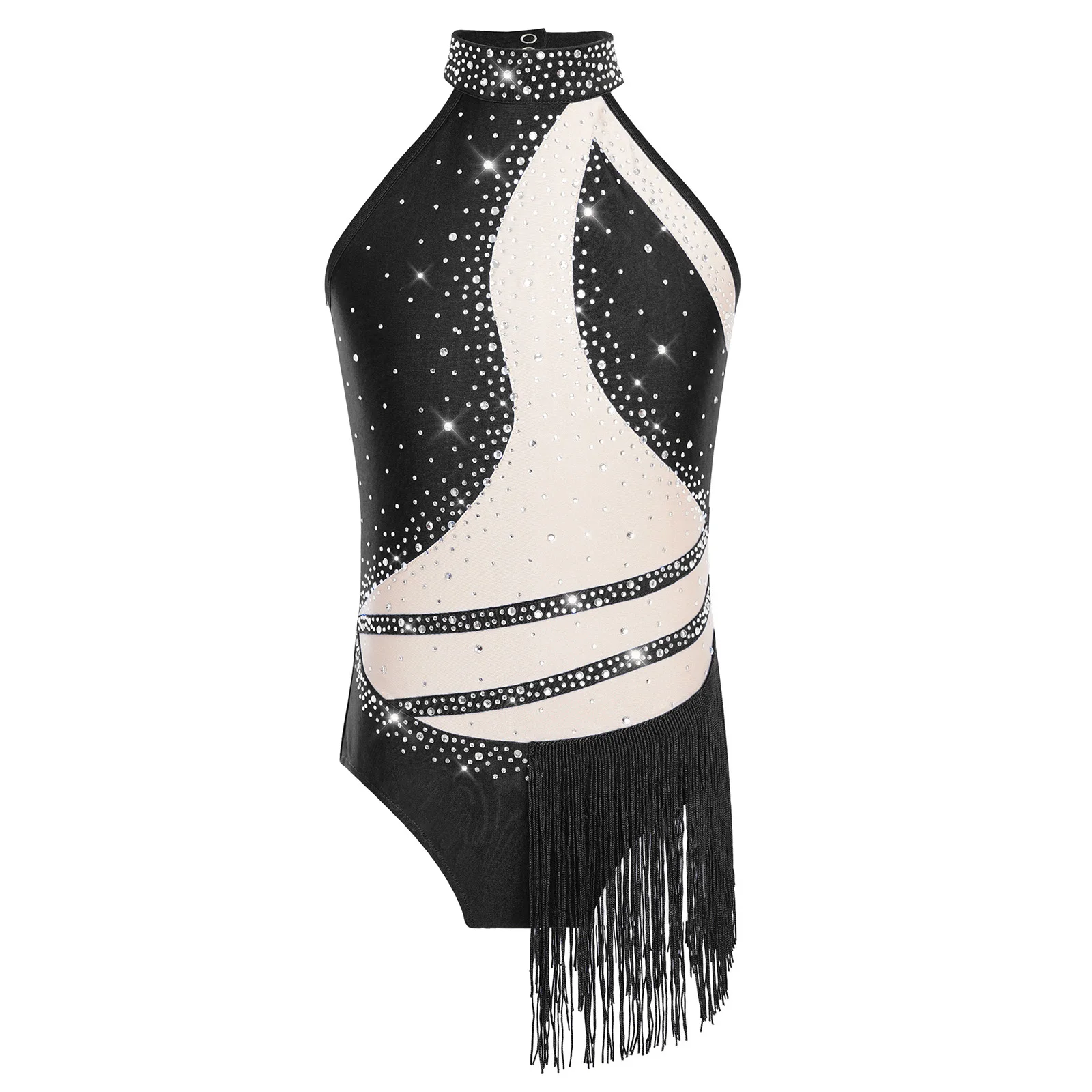 Kids Girls Tassel Latin Dance Leotard Figure Skating Gymnastics Costume Sleeveless Rhinestones Fringed Bodysuit Modern Dancewear - view 3