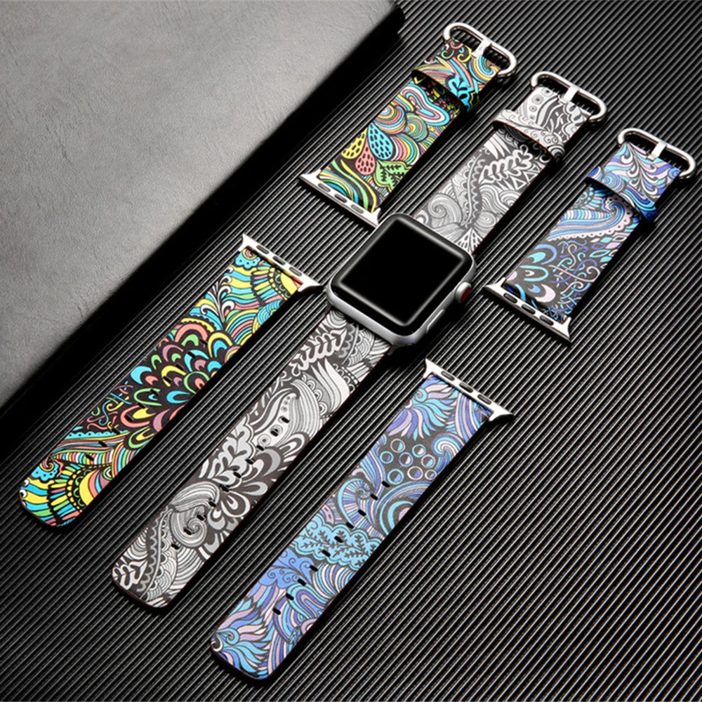 

Leather Watch Band for Apple Watch 49mm 45mm 41mm 44mm 40mm 42mm 38mm Floral Bracelet Wristband for iWatch Series Ultra 876543SE